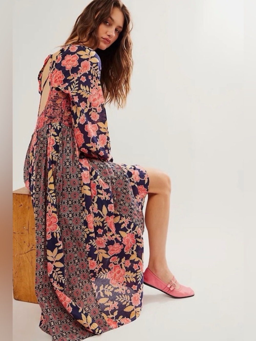 NWT FREE PEOPLE A‎ New Way Maxi Dress Navy Combo Pink S - Picture 15 of 15